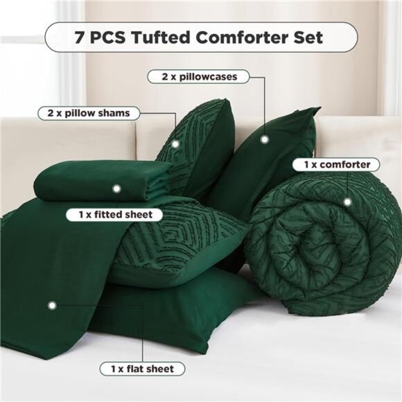Andency King Size Comforter Set 7 Pieces Dark Emerald Green - Bed in a Bag King - Picture 6 of 8
